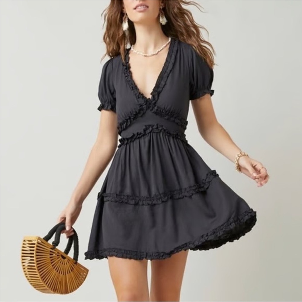 Trixxi Black Ruffle V-Neck Mini Dress